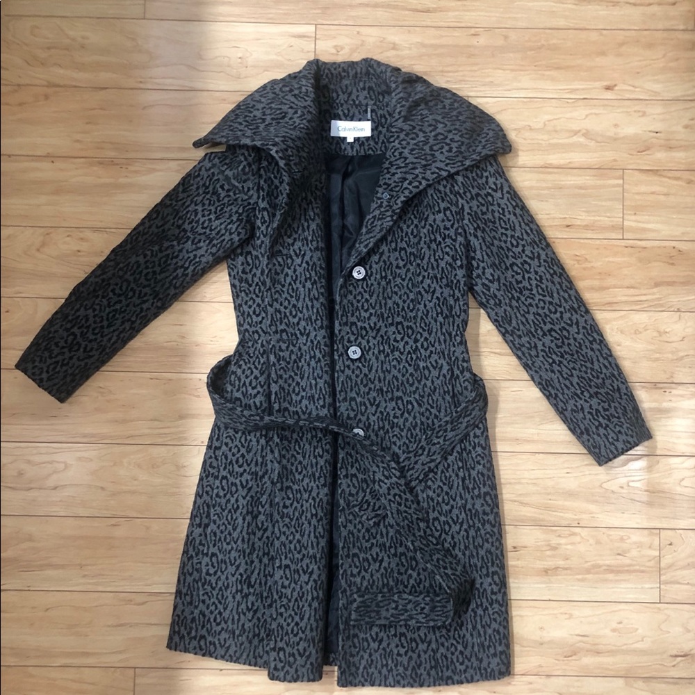 Calvin Klein Black and Grey Cheetah Wool Coat